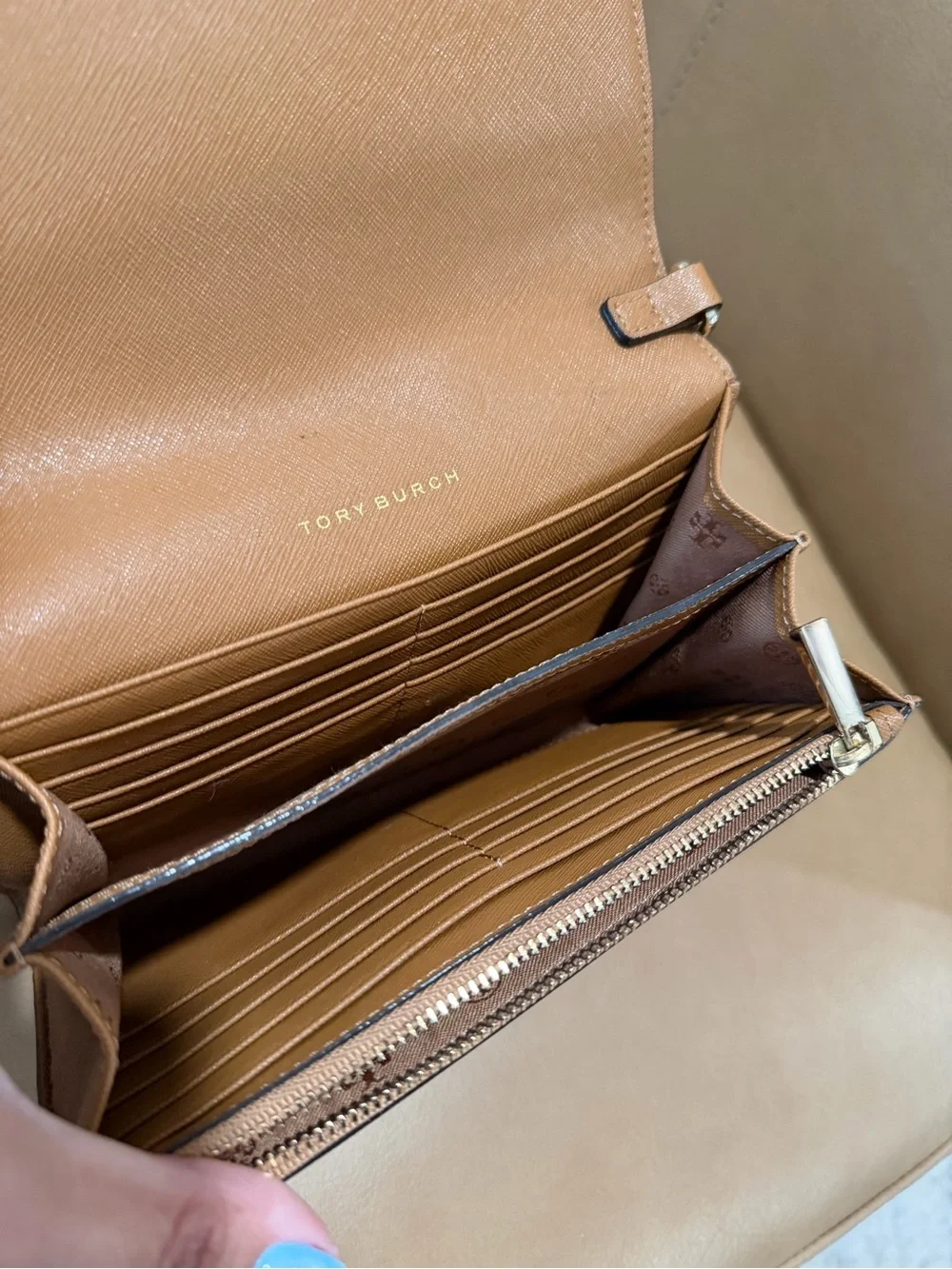Tory Burch Tan Leather Chain Crossbody with Gold Hardware